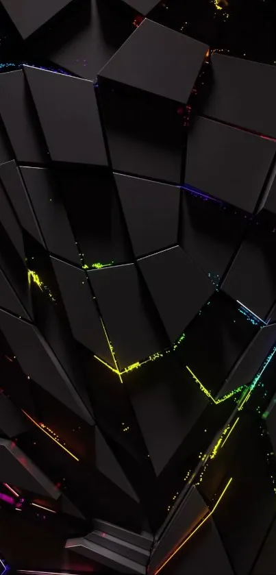 Dark 3D geometric abstract wallpaper with rainbow accents