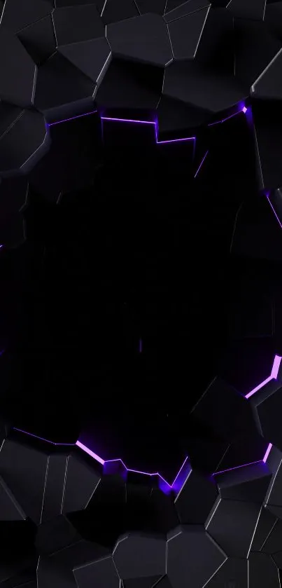 Dark geometric abstract wallpaper with neon purple glow.