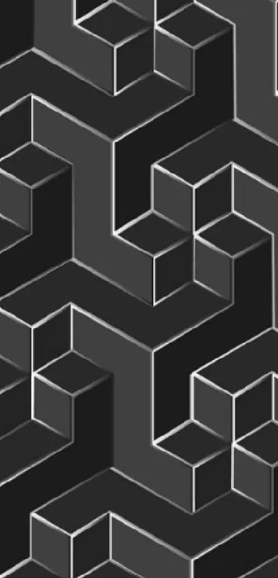 Black geometric cube pattern wallpaper with abstract design.