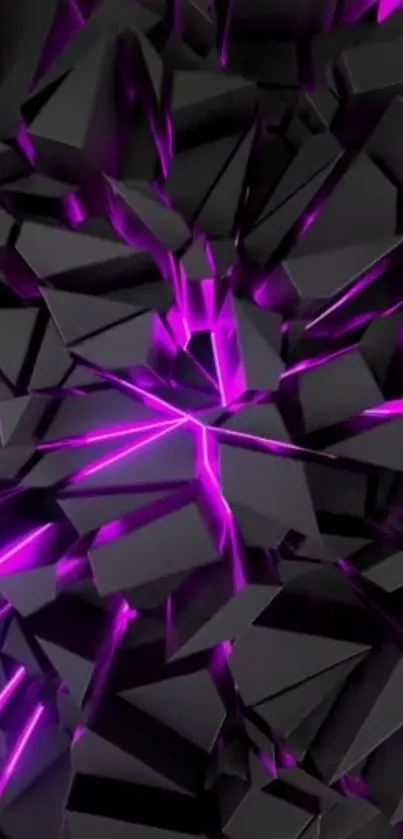 3D black geometric wallpaper with vibrant purple lines.