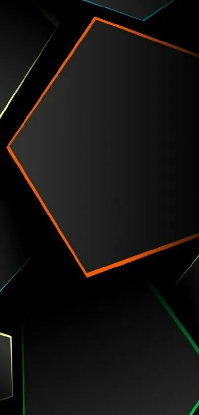 Black hexagon wallpaper with colored edges on a dark background.