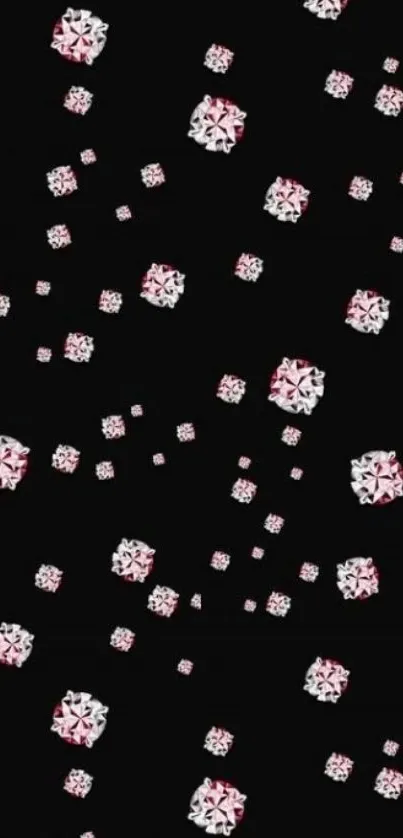 Black geometric pattern wallpaper with small white cubes on a dark background.