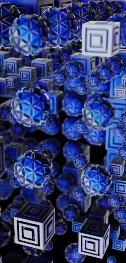 Geometric blue 3D cubes and spheres pattern.