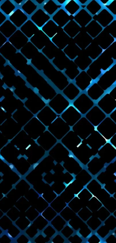Geometric blue abstract wallpaper with dark background and patterned tiles.