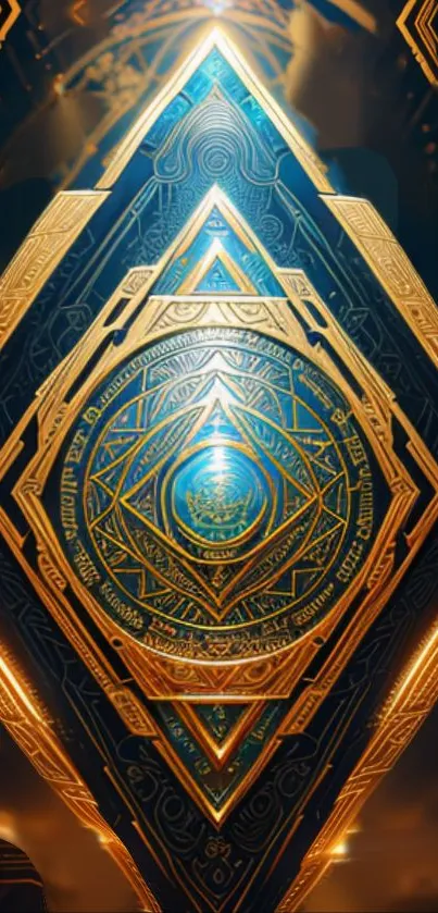 Intricate blue and gold geometric art with glowing accents for mobile wallpaper.