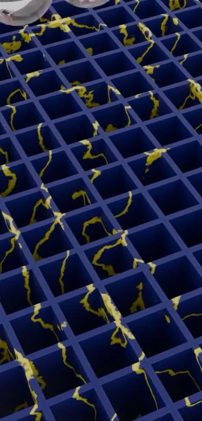 Blue grid pattern with yellow accents.