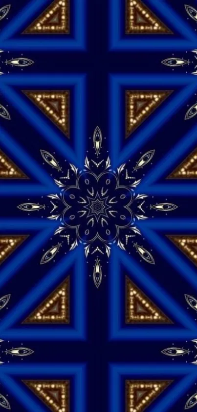 Intricate blue kaleidoscope pattern on wallpaper