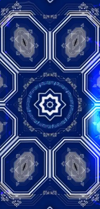 Dark blue geometric mandala pattern wallpaper.