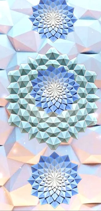 Geometric blue pattern wallpaper with 3D design elements and pastel hues.