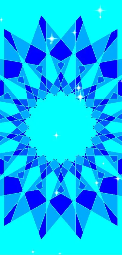 Geometric blue starburst design wallpaper with cyan background.