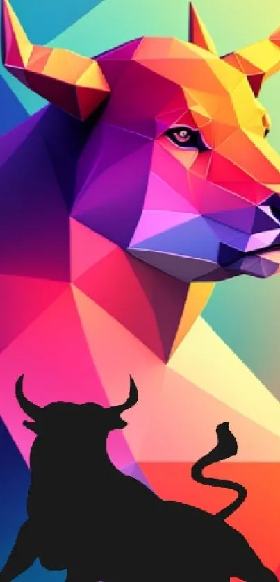 Colorful geometric bull art wallpaper with vibrant polygonal shapes.