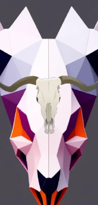 Geometric art of a bull skull with vibrant colors on gray background.