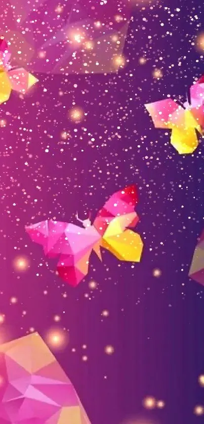 Colorful geometric butterfly wallpaper with a purple background.