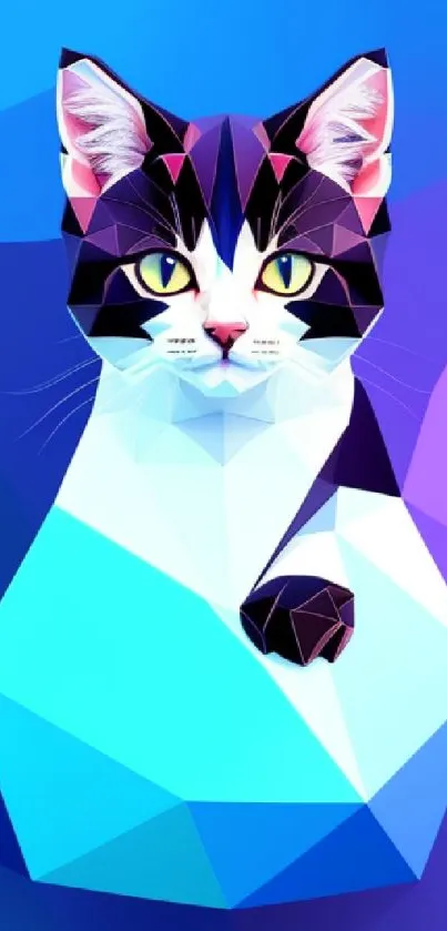 Geometric cat wallpaper with blue and purple hues.