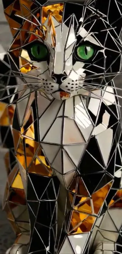 Geometric cat art with vibrant colors.