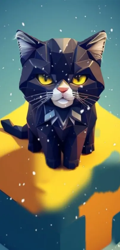 Geometric 3D black cat with yellow eyes on colorful background.