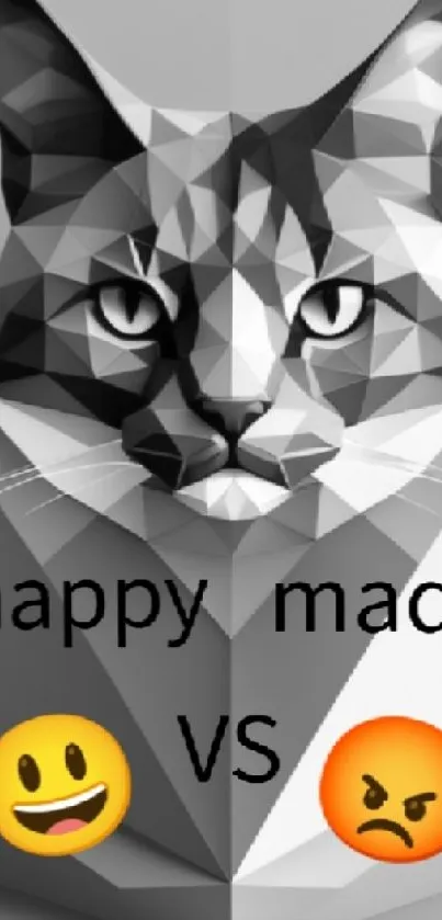 Geometric cat with happy and mad emojis in gray tones.