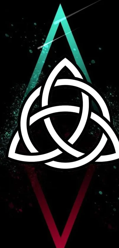 Geometric Celtic knot on teal and red background wallpaper.