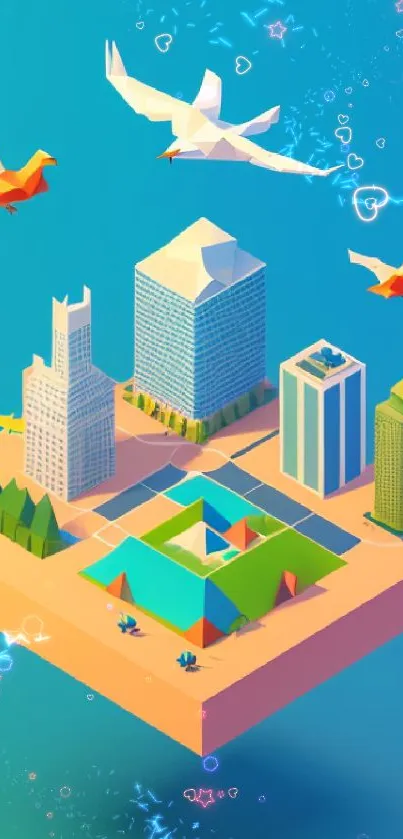 Vibrant geometric cityscape with polygonal birds and buildings.