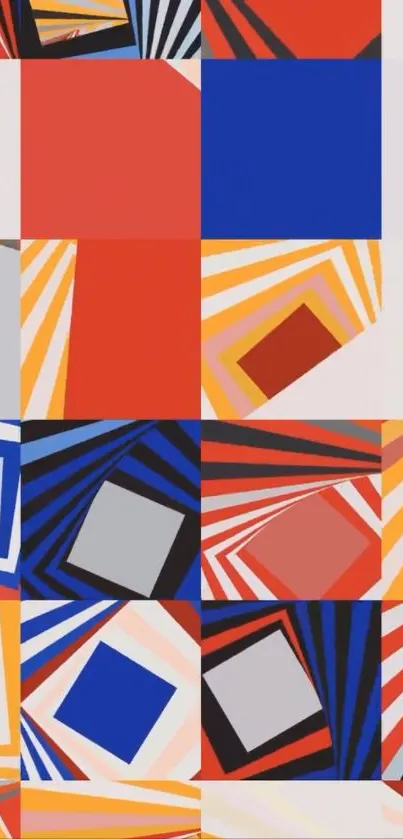 Colorful geometric pattern with red, blue, and orange blocks.