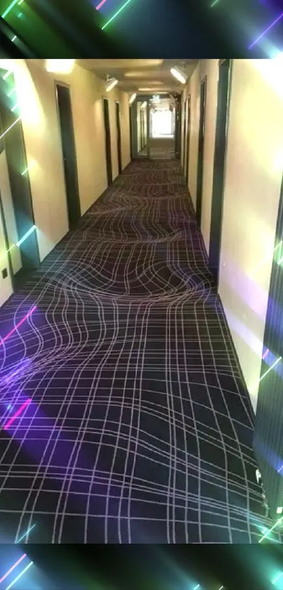 Dark corridor with geometric patterned floor.