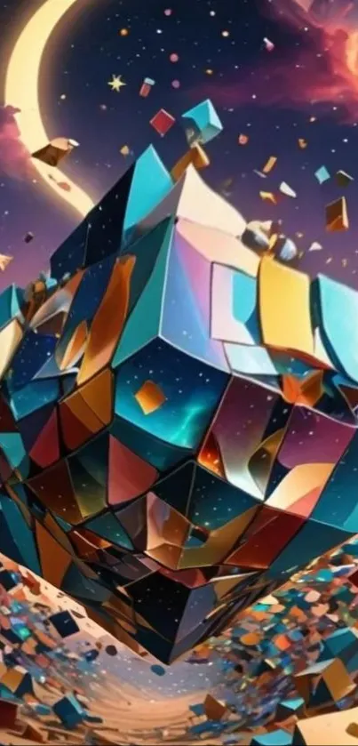 Surreal 3D geometric cube with cosmic backdrop art.