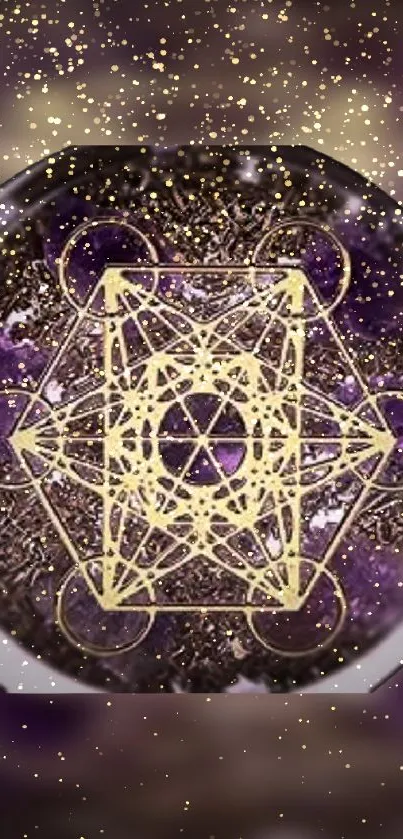 Golden geometric pattern on a purple cosmic background.