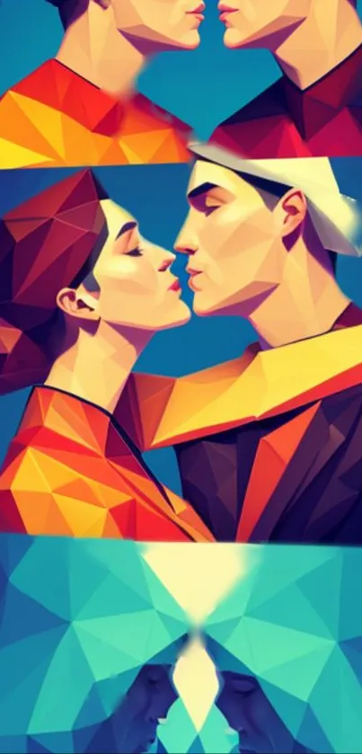 Vibrant geometric art of couple in abstract polygon design.