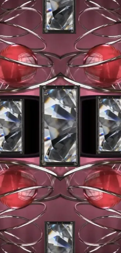 Geometric design with crystals and red spheres on a mobile wallpaper.