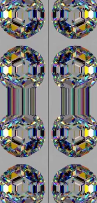 Colorful geometric crystal spheres on a gray background.