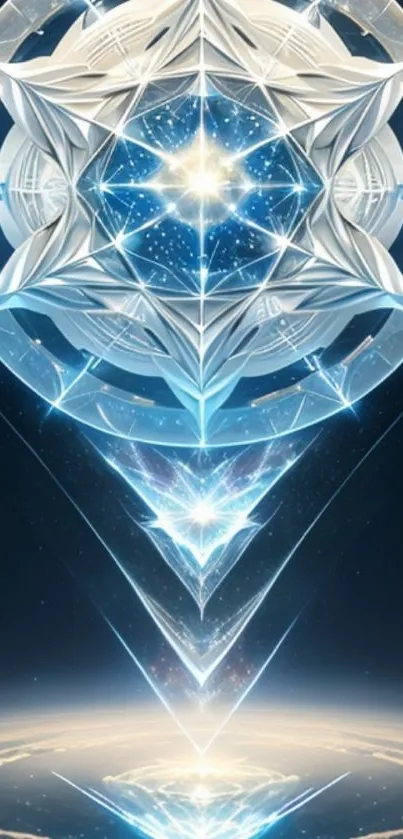 Cosmic geometric crystal art with radiant star design in blue hues.