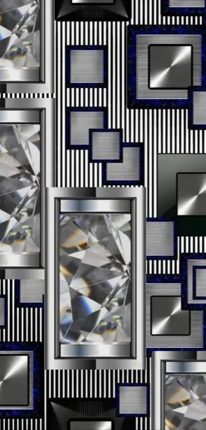 Abstract geometric wallpaper with crystals and metallic tones.