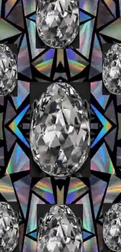 Geometric diamond and crystal abstract wallpaper with reflective patterns.