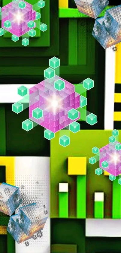 Vibrant geometric cube design wallpaper with green and yellow hues.