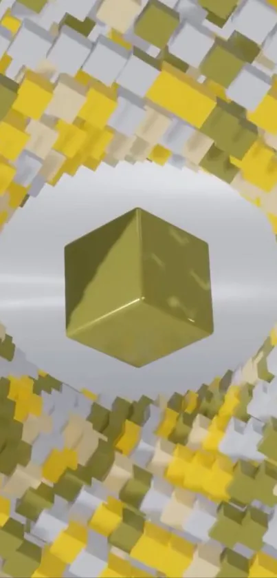 3D geometric cube art with yellow and gray pattern.