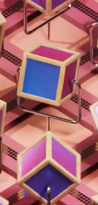 Vibrant geometric cubes against a pink abstract background.