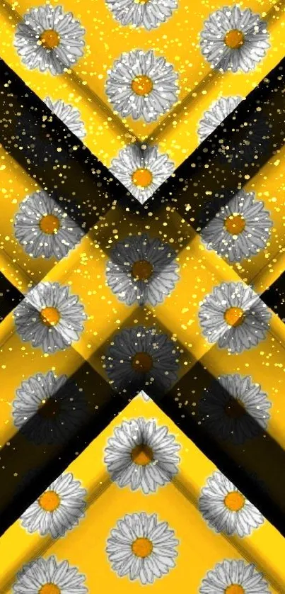 Yellow geometric pattern with white daisies mobile wallpaper.