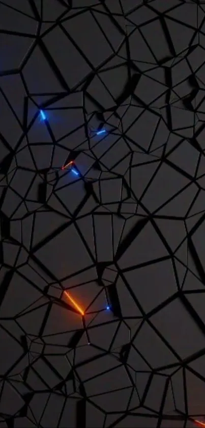 Geometric dark abstract wallpaper with blue and orange accents.