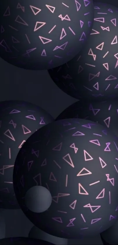 Dark spheres with purple geometric patterns mobile wallpaper.