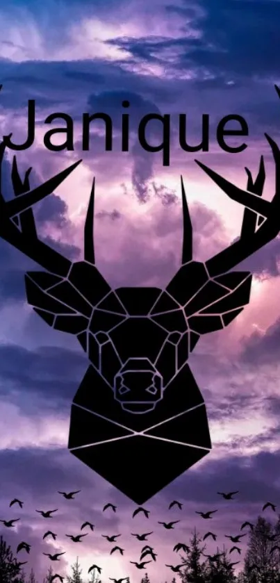 Geometric deer silhouette on purple sky background.