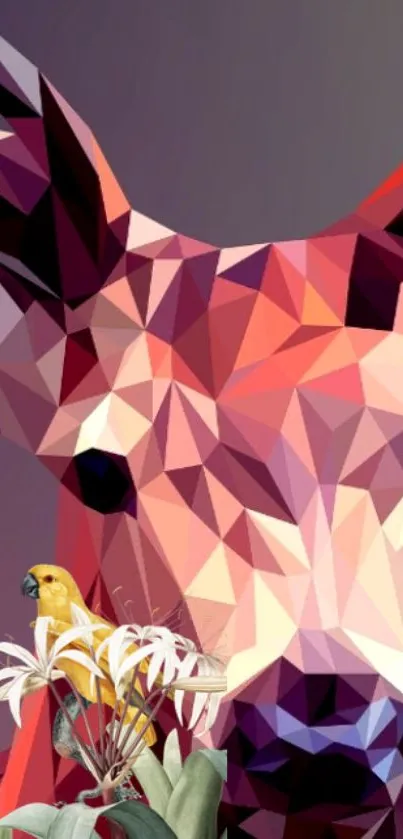 Geometric deer with vibrant colors and birds in artistic design.