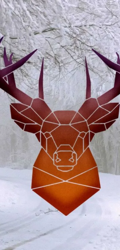 Geometric deer on snowy forest background.