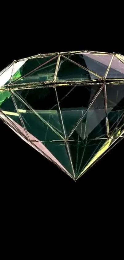 Geometric diamond design on black background with colorful reflections.