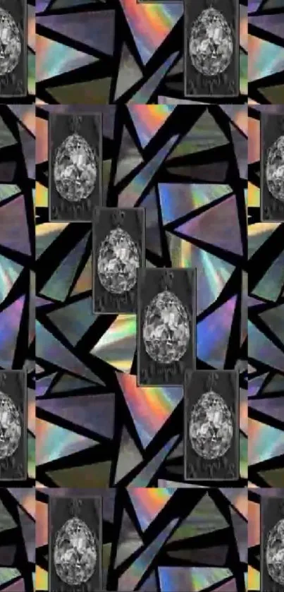 Geometric diamond pattern with iridescent hues and black background.