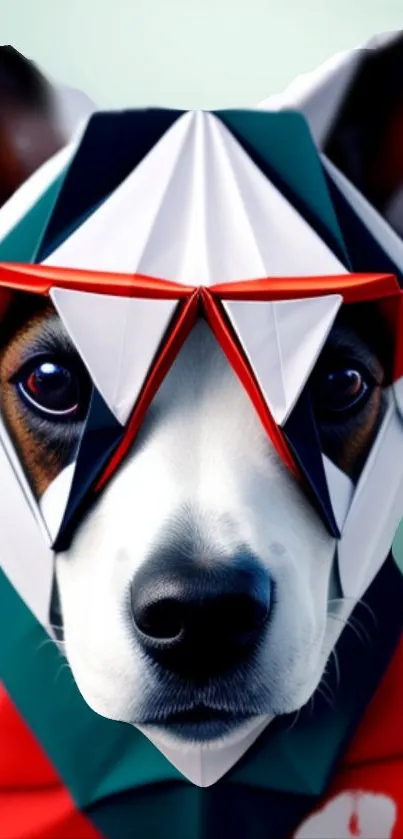 Geometric dog art with bold colors on wallpaper.