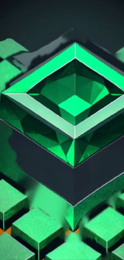 Vibrant emerald geometric 3D wallpaper design on mobile.