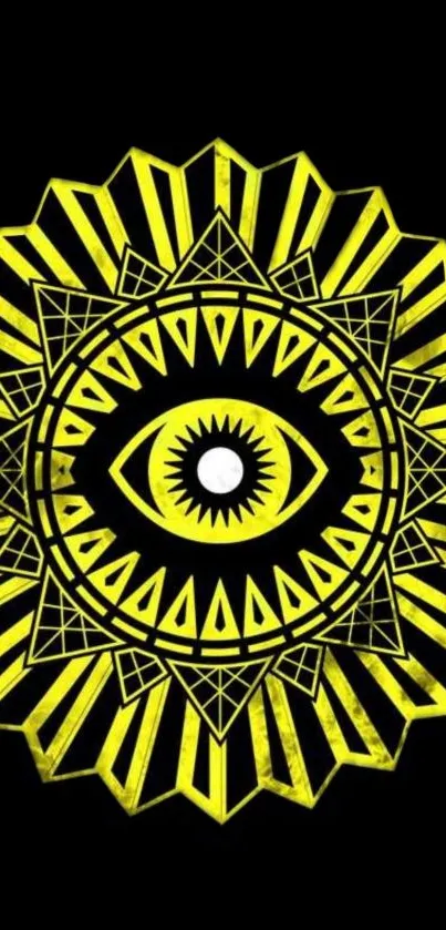 Geometric yellow eye pattern on black wallpaper.