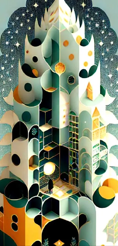 Geometric fantasy art wallpaper with teal and orange abstract shapes.