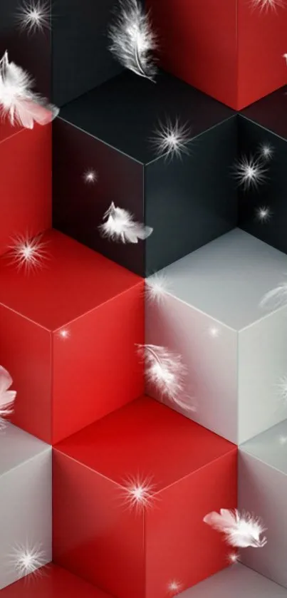 Vibrant 3D cubes with feathers and light bursts in red, black, and white.