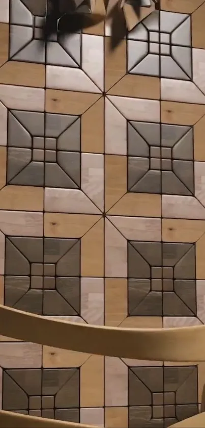 Geometric tile pattern wallpaper in brown tones.